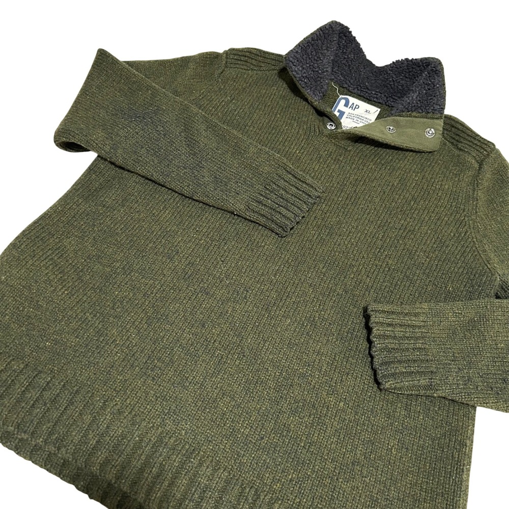 GAP Sweater Mens XL Military Green Wool Blend Sherpa Lined Mock‎ Neck Y2K VTG